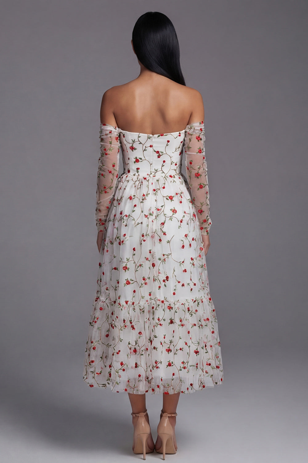 Off the Shoulder Ivory A Line Floral Maxi Beach Wedding Guest Dress