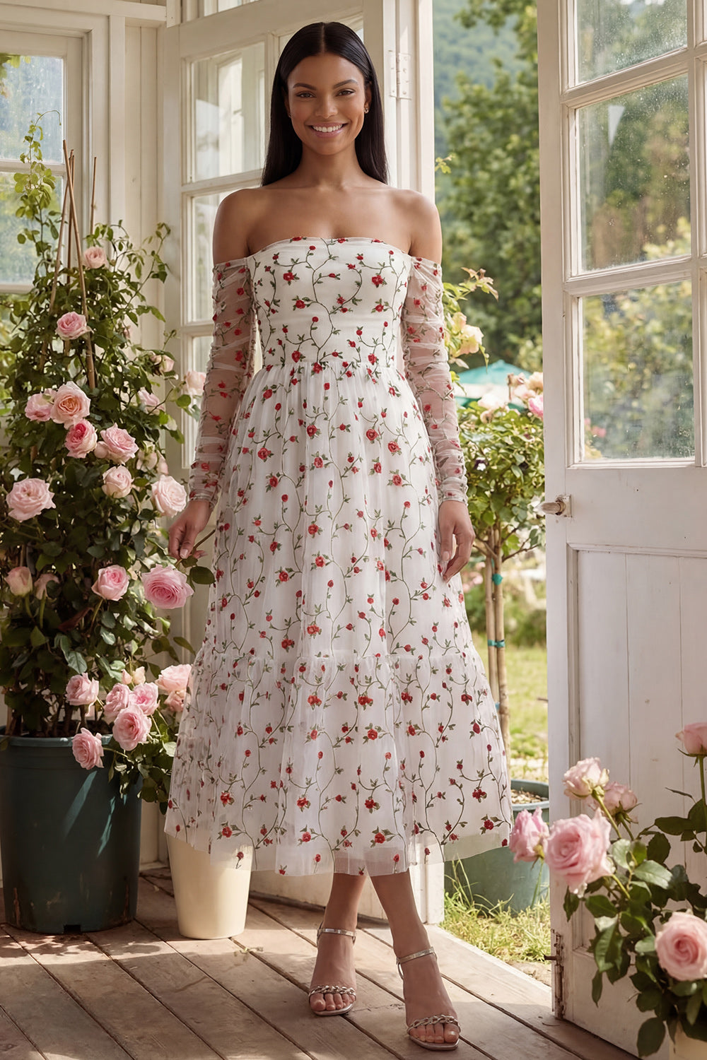 Off the Shoulder Ivory A Line Floral Maxi Beach Wedding Guest Dress