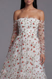 Off the Shoulder Ivory A Line Floral Maxi Beach Wedding Guest Dress