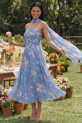 Strapless A Line Neck Scarf Blue Floral Maxi Beach Wedding Guest Dress