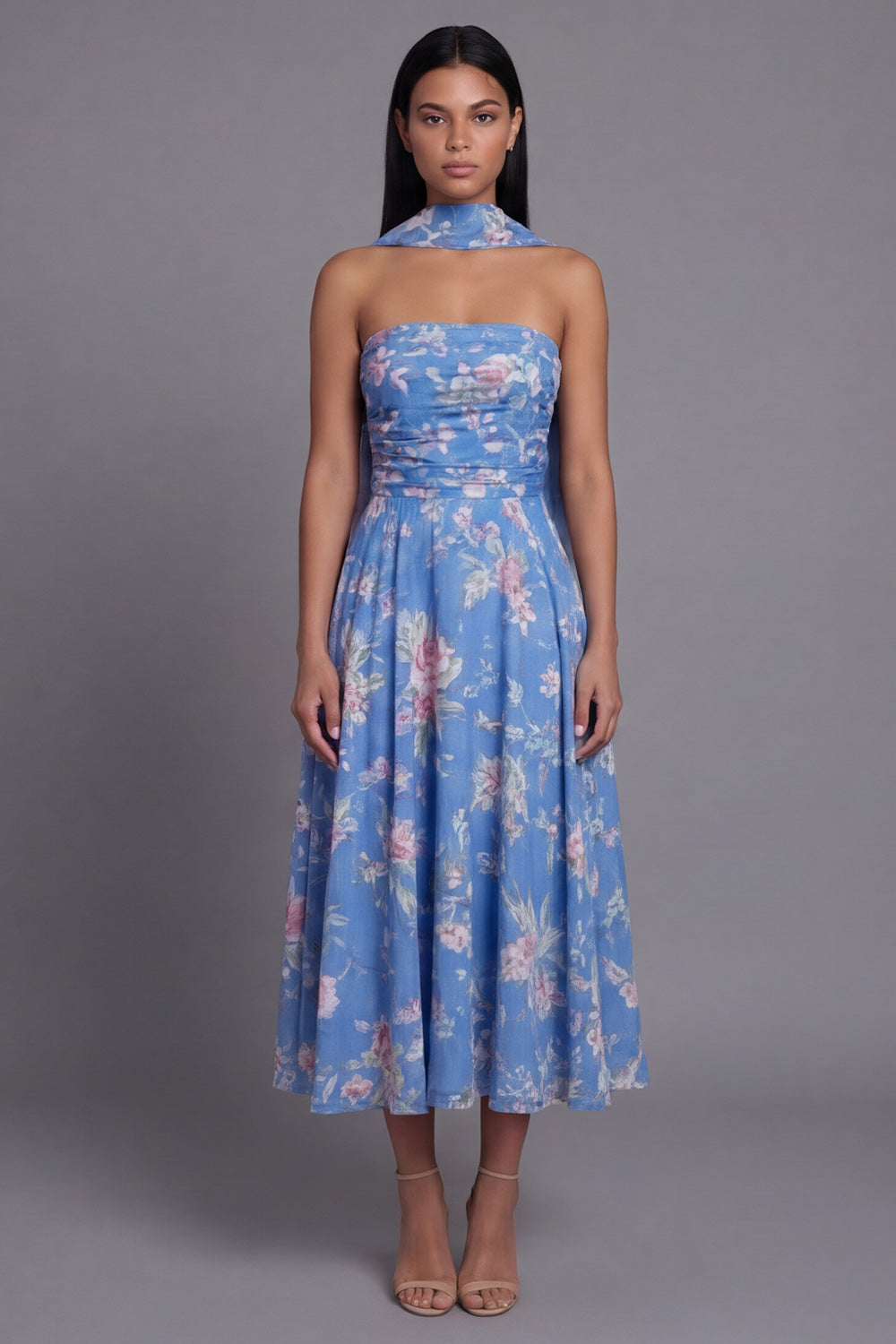 Strapless A Line Neck Scarf Blue Floral Maxi Beach Wedding Guest Dress