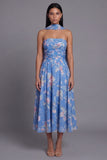 Strapless A Line Neck Scarf Blue Floral Maxi Beach Wedding Guest Dress