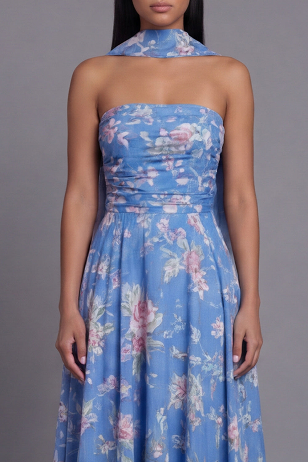 Strapless A Line Neck Scarf Blue Floral Maxi Beach Wedding Guest Dress