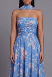 Strapless A Line Neck Scarf Blue Floral Maxi Beach Wedding Guest Dress