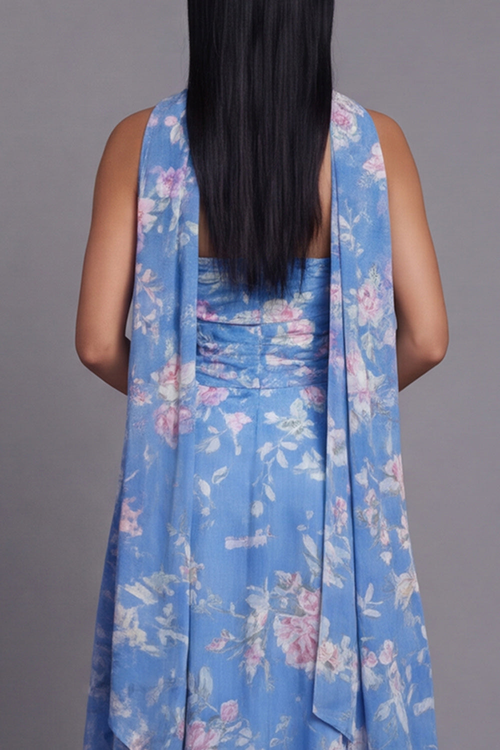Strapless A Line Neck Scarf Blue Floral Maxi Beach Wedding Guest Dress