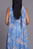 Strapless A Line Neck Scarf Blue Floral Maxi Beach Wedding Guest Dress