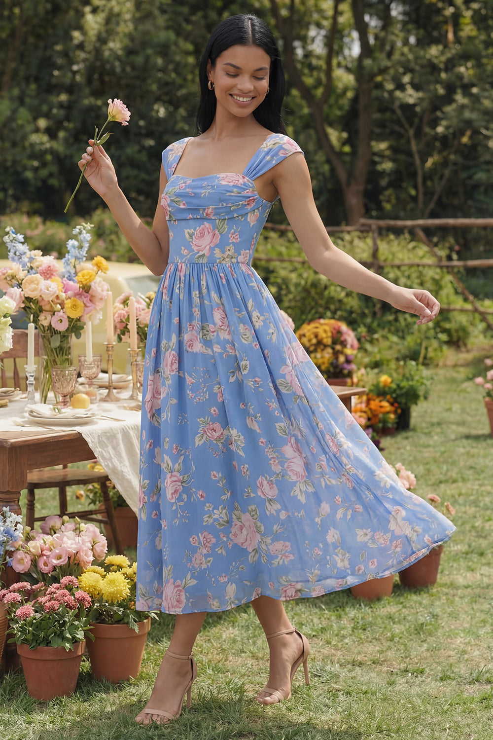 A Line Square Neck Blue Floral Maxi Beach Wedding Guest Dress
