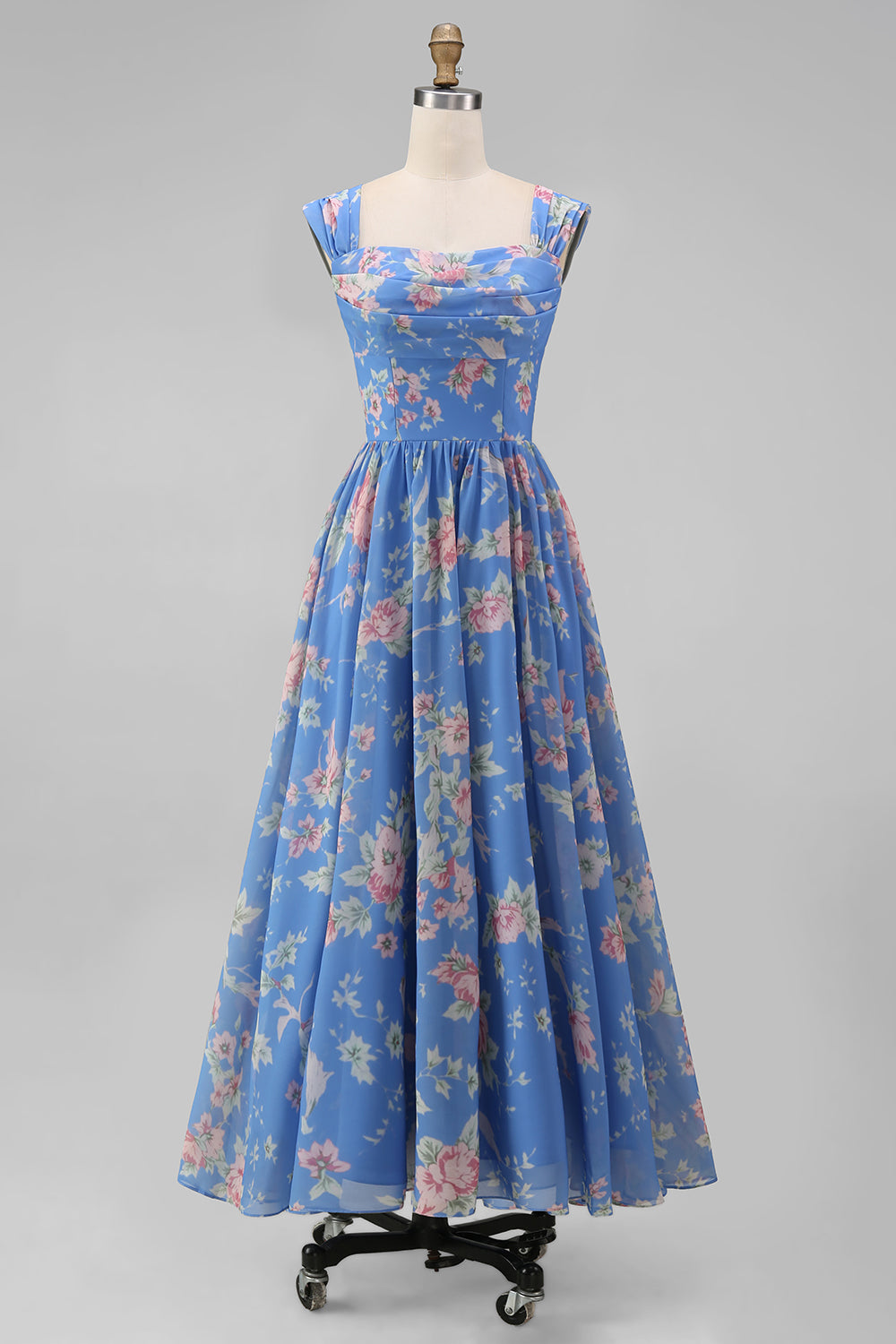 A Line Square Neck Blue Floral Maxi Beach Wedding Guest Dress