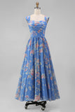 A Line Square Neck Blue Floral Maxi Beach Wedding Guest Dress