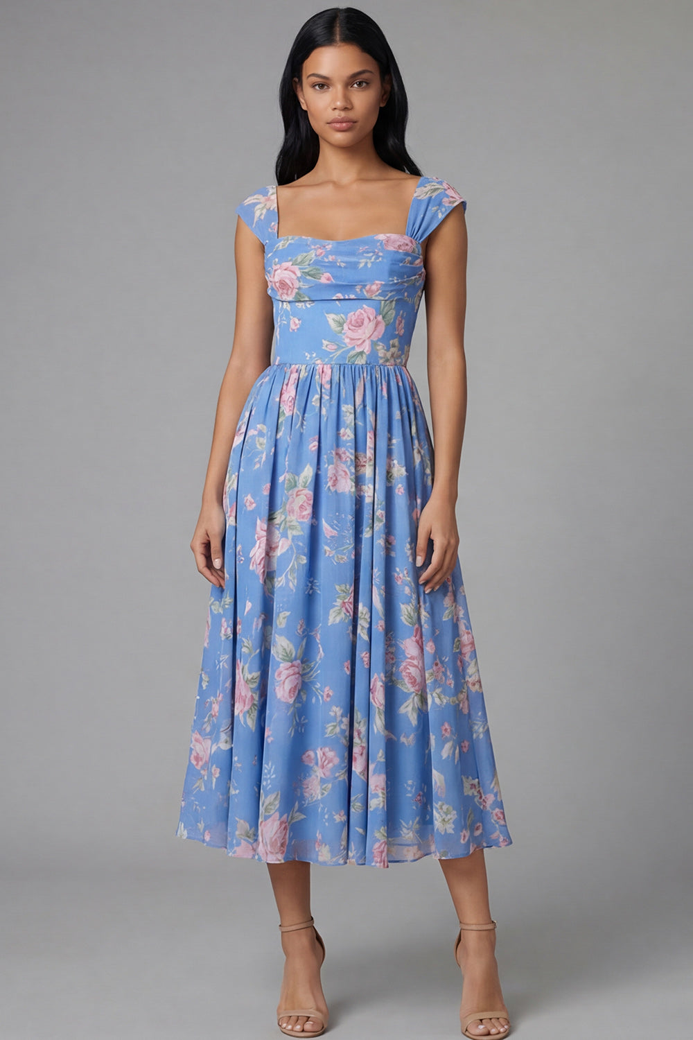 A Line Square Neck Blue Floral Maxi Beach Wedding Guest Dress