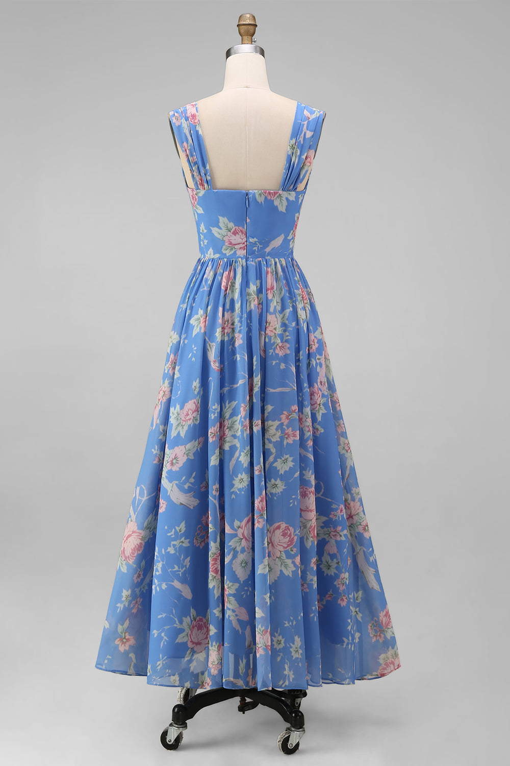 A Line Square Neck Blue Floral Maxi Beach Wedding Guest Dress