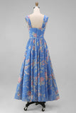 A Line Square Neck Blue Floral Maxi Beach Wedding Guest Dress