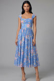 A Line Square Neck Blue Floral Maxi Beach Wedding Guest Dress