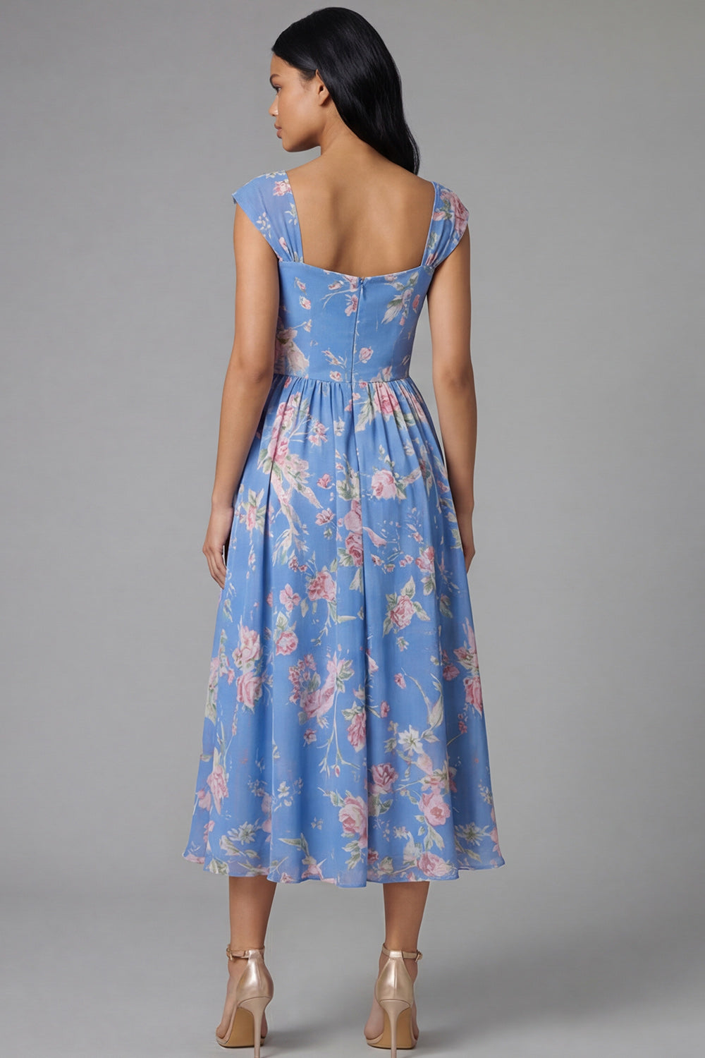 A Line Square Neck Blue Floral Maxi Beach Wedding Guest Dress
