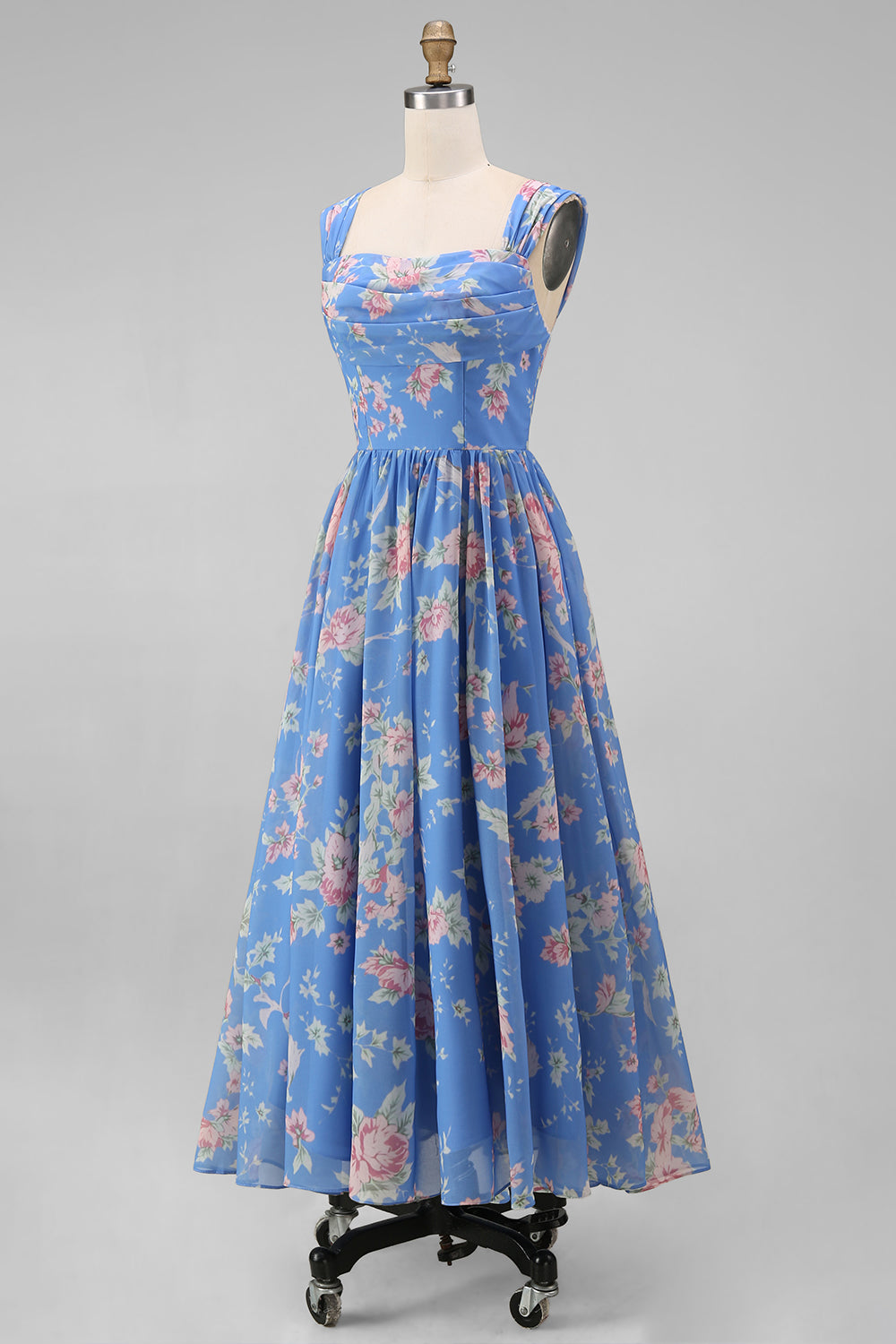 A Line Square Neck Blue Floral Maxi Beach Wedding Guest Dress