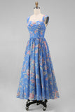 A Line Square Neck Blue Floral Maxi Beach Wedding Guest Dress