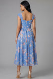 A Line Square Neck Blue Floral Maxi Beach Wedding Guest Dress