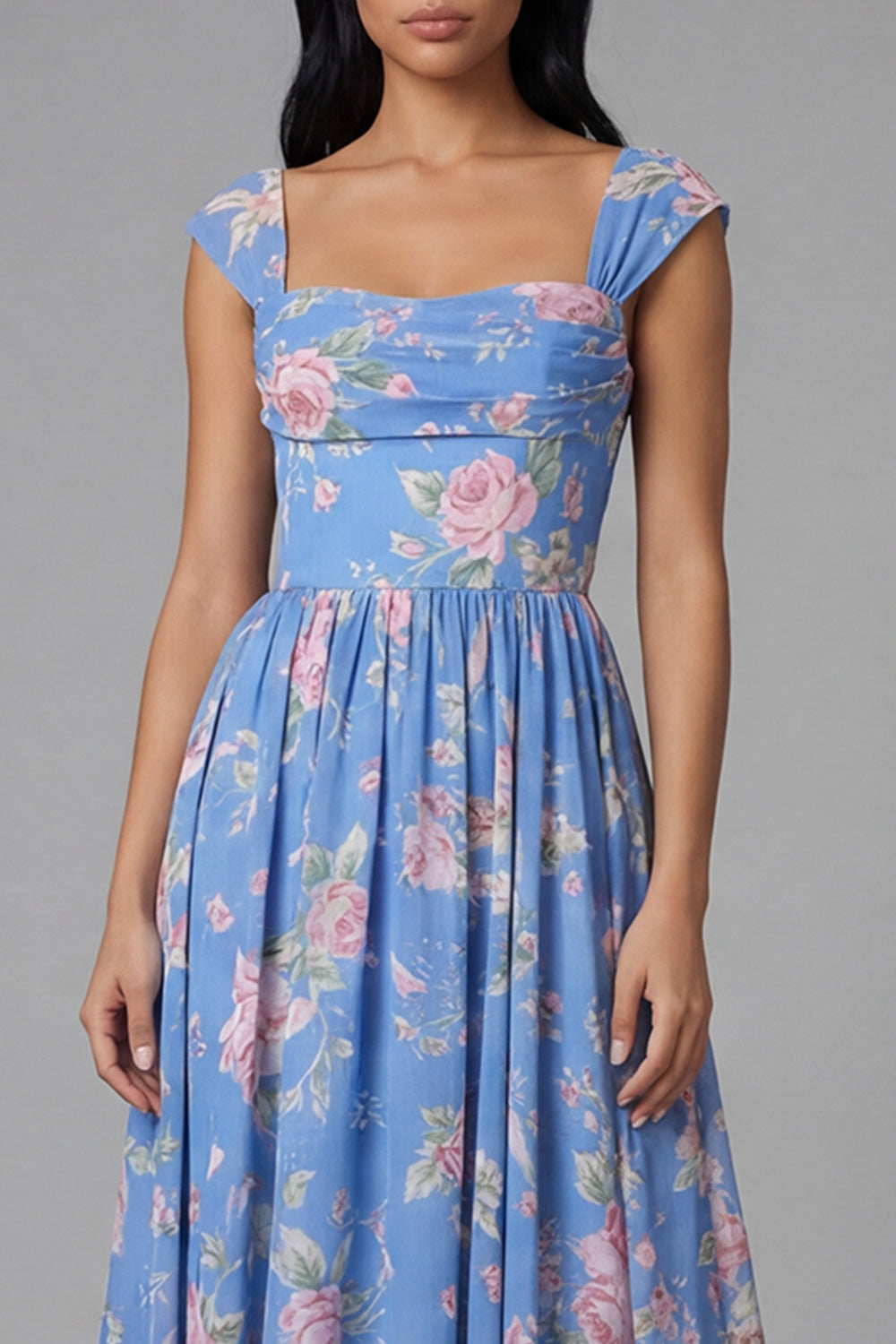 A Line Square Neck Blue Floral Maxi Beach Wedding Guest Dress
