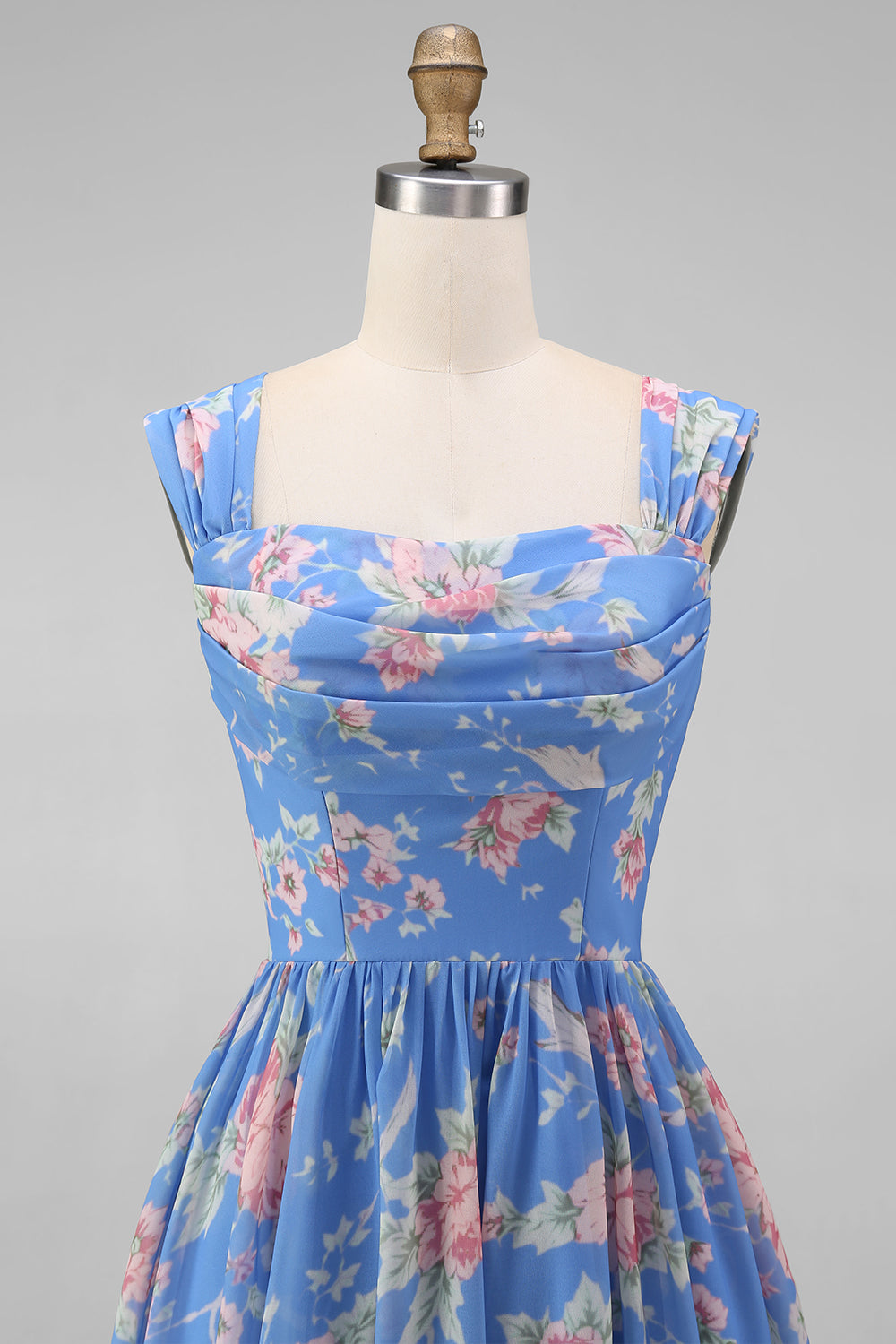 A Line Square Neck Blue Floral Maxi Beach Wedding Guest Dress