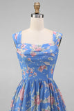 A Line Square Neck Blue Floral Maxi Beach Wedding Guest Dress