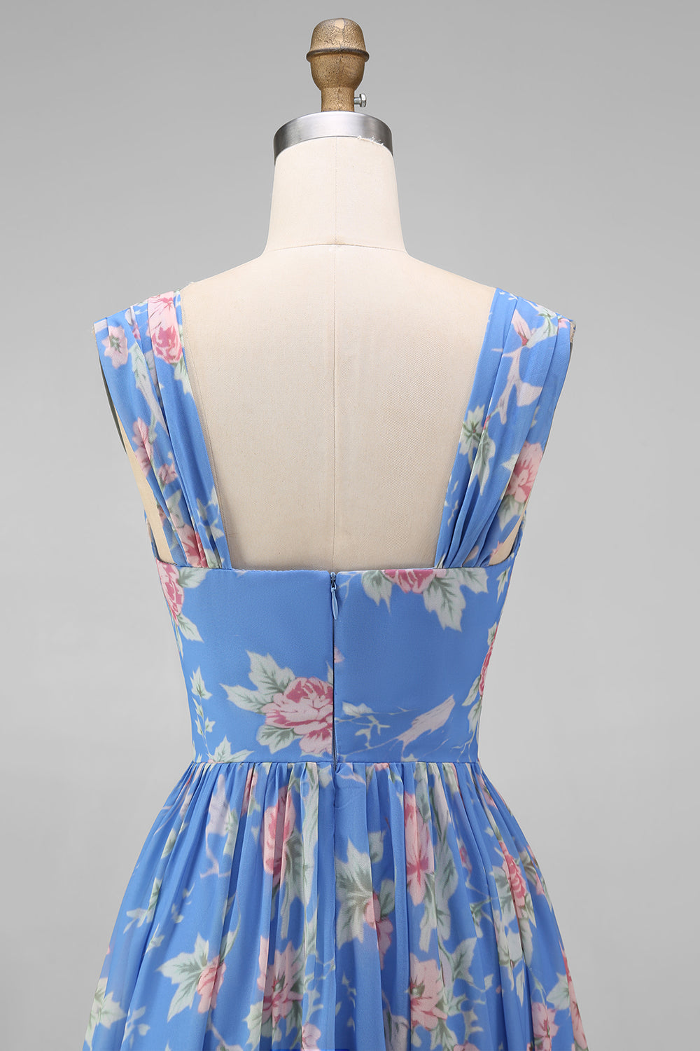 A Line Square Neck Blue Floral Maxi Beach Wedding Guest Dress