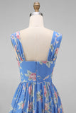 A Line Square Neck Blue Floral Maxi Beach Wedding Guest Dress