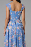 A Line Square Neck Blue Floral Maxi Beach Wedding Guest Dress