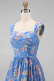 A Line Square Neck Blue Floral Maxi Beach Wedding Guest Dress