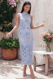 Sheath High Neck Blue Floral Lace Maxi Wedding Guest Dress