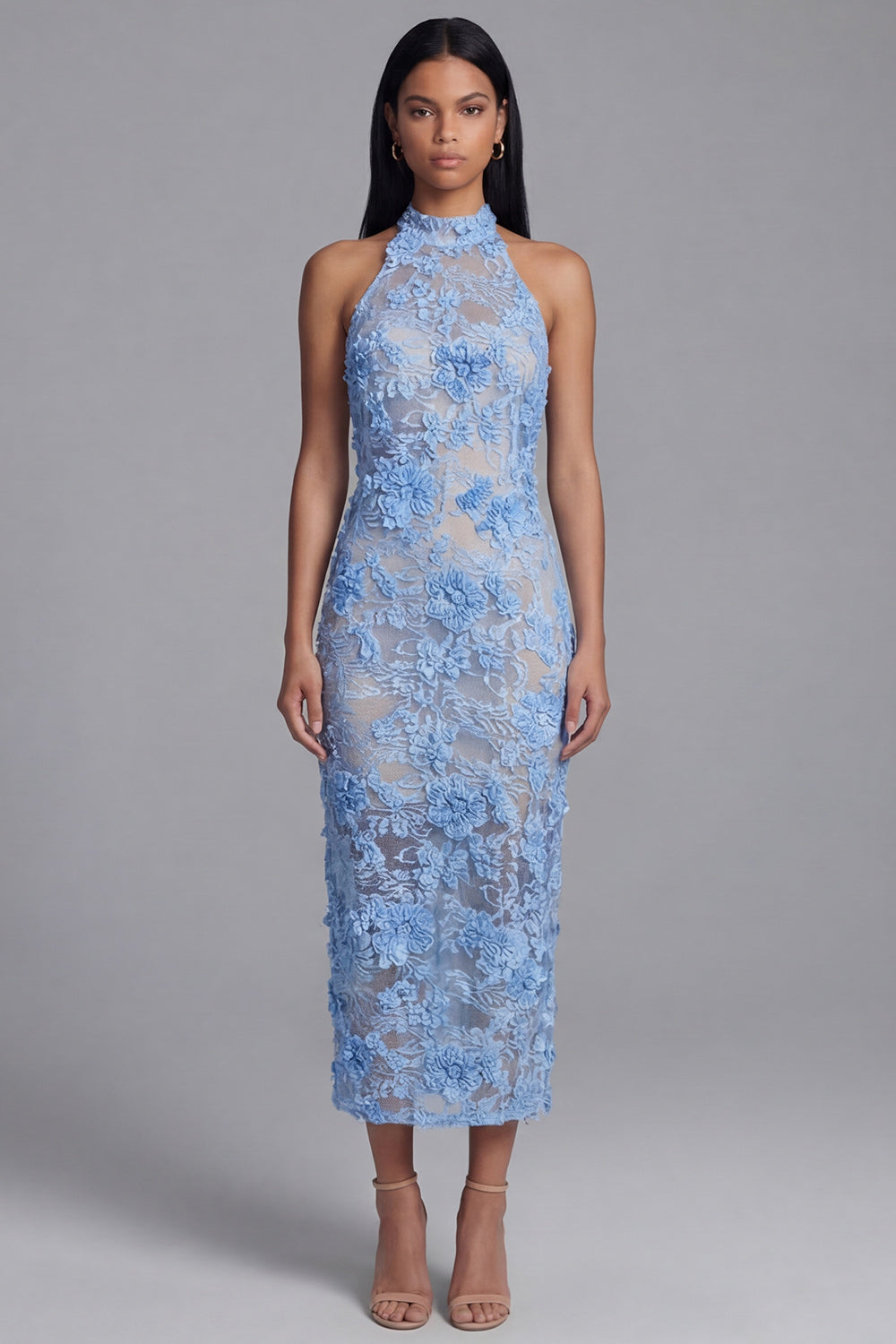 Sheath High Neck Blue Floral Lace Maxi Wedding Guest Dress