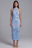 Sheath High Neck Blue Floral Lace Maxi Wedding Guest Dress