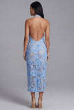 Sheath High Neck Blue Floral Lace Maxi Wedding Guest Dress