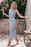 Sheath High Neck Blue Floral Lace Maxi Wedding Guest Dress