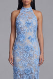 Sheath High Neck Blue Floral Lace Maxi Wedding Guest Dress