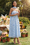 A Line Blue Floral Neck Scarf Strapless Maxi Wedding Guest Dress