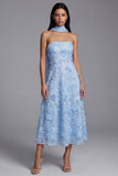 A Line Blue Floral Neck Scarf Strapless Maxi Wedding Guest Dress