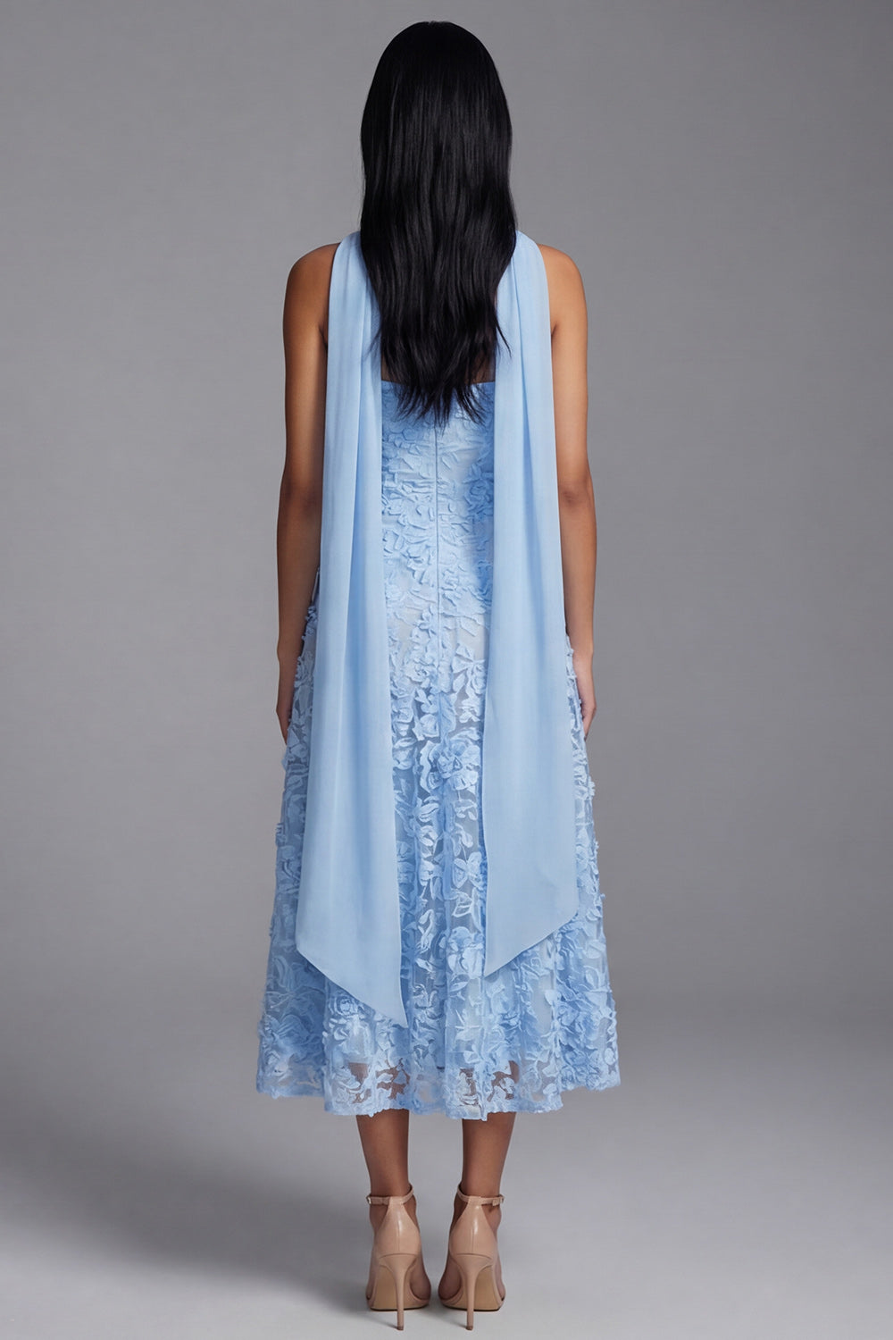 A Line Blue Floral Neck Scarf Strapless Maxi Wedding Guest Dress