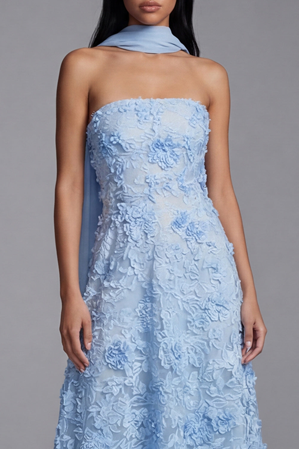 A Line Blue Floral Neck Scarf Strapless Maxi Wedding Guest Dress