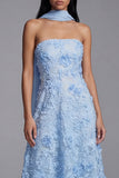 A Line Blue Floral Neck Scarf Strapless Maxi Wedding Guest Dress
