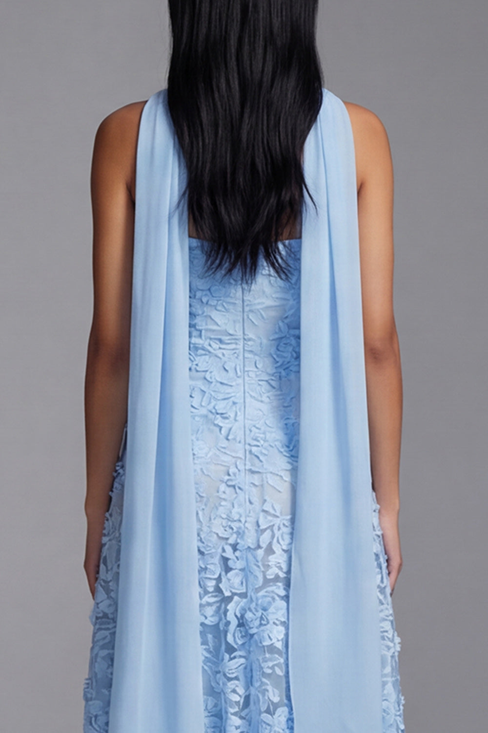 A Line Blue Floral Neck Scarf Strapless Maxi Wedding Guest Dress