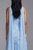A Line Blue Floral Neck Scarf Strapless Maxi Wedding Guest Dress