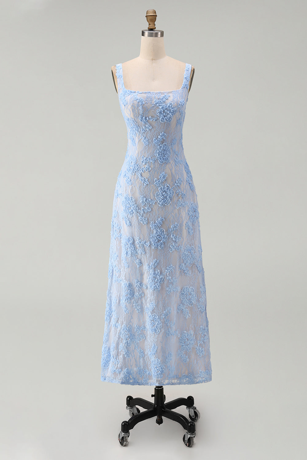 Square Neck A Line Blue Floral Maxi Wedding Guest Dress