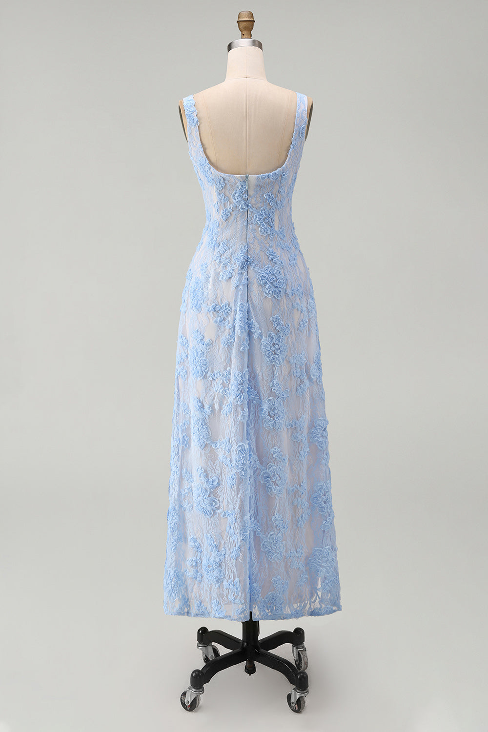 Square Neck A Line Blue Floral Maxi Wedding Guest Dress