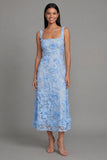 Square Neck A Line Blue Floral Maxi Wedding Guest Dress
