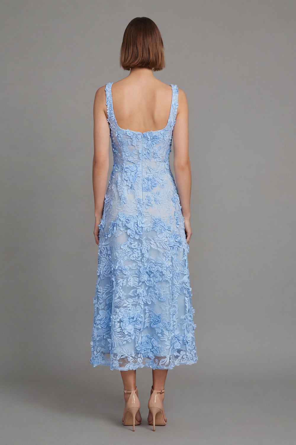 Square Neck A Line Blue Floral Maxi Wedding Guest Dress