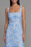 Square Neck A Line Blue Floral Maxi Wedding Guest Dress