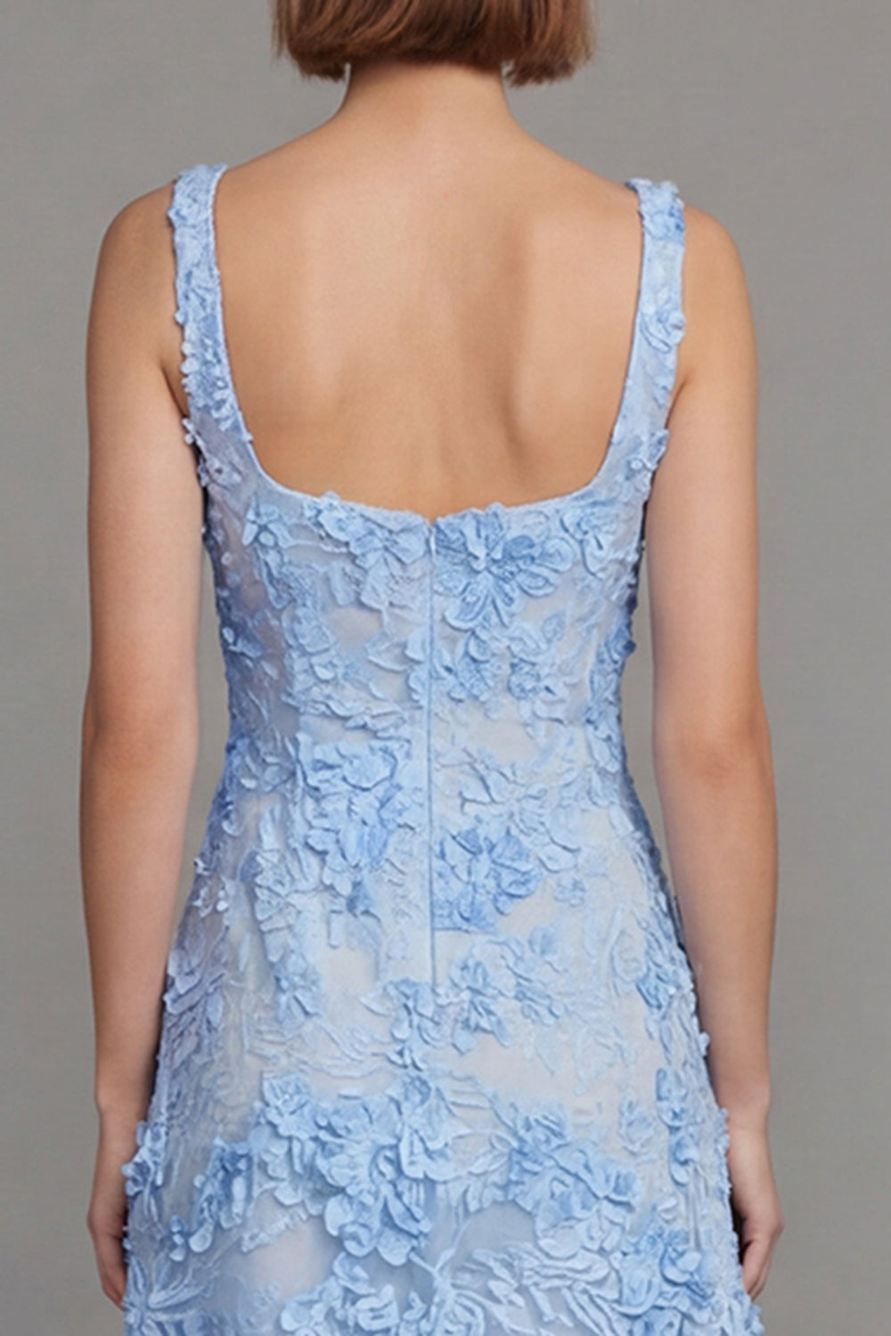 Square Neck A Line Blue Floral Maxi Wedding Guest Dress