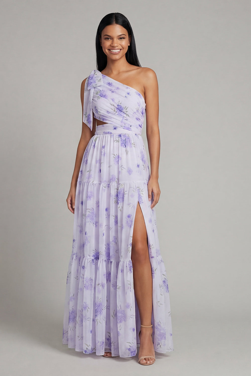 Floral Maxi Ruched A Line Lilac Beach Wedding Guest Dress with Slit