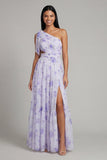 Floral Maxi Ruched A Line Lilac Beach Wedding Guest Dress with Slit
