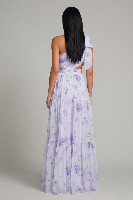 Floral Maxi Ruched A Line Lilac Beach Wedding Guest Dress with Slit